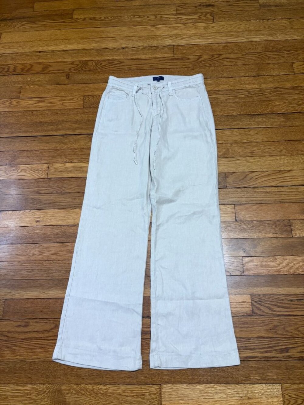 NYDJ Womens Wide Leg Pants Sz 0 Beige Stretch Linen Tencel Lift Tuck Drawstring